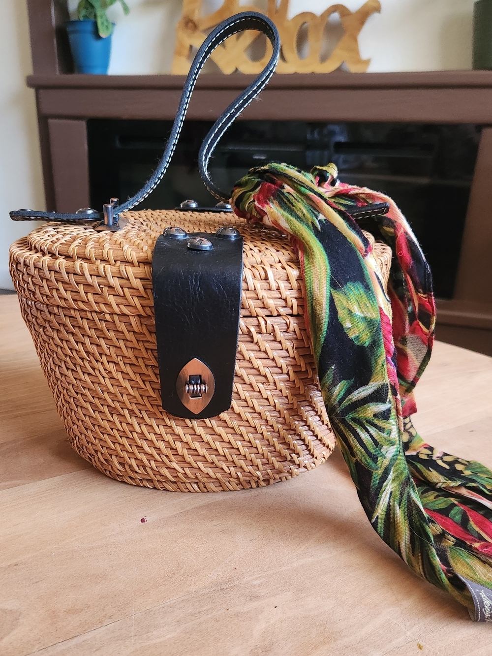 Patricia Nash Caselle Wicker Basket Bag Top Handle with Floral Scarf - Pristine!